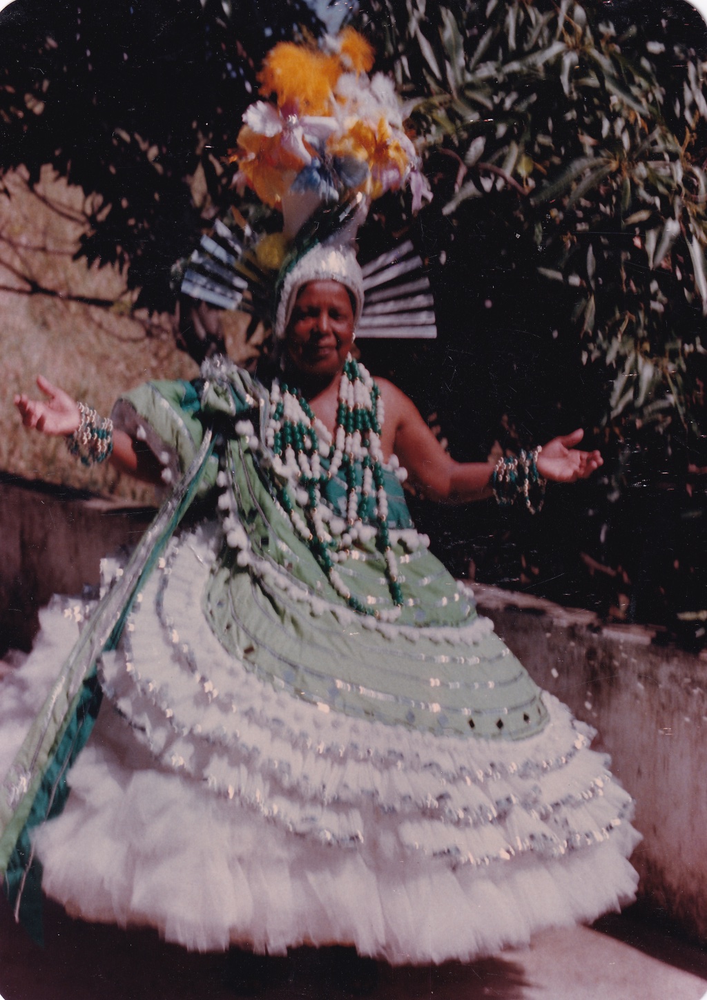 Tia Maria, uma mulher negra, está com fantasia de baiana em um quintal. O vestido, em verde e branco, deixa um dos ombros à mostra e desce em curvas, como uma espiral. Inicia em verde escuro, depois há duas faixas em verde claro, separadas por um cordão branco, e por último, a saia rodada em branco, em tecido fino. Todo o vestido é contornado por fitas prateadas. De um dos ombros até embaixo, descem faixas nos dois tons de verde com fitas pratas. O tronco dela é coberto por colares com grandes bolas em verde e branco, assim como as pulseiras que usa. Na cabeça, há um adereço com arranjo de flores amarelas, brancas e azuis. Dele, descem faixas verdes, como as da lateral do vestido. Por trás, há um arco formado por tiras pratas. Tia Maria olha para frente, com os braços abertos.