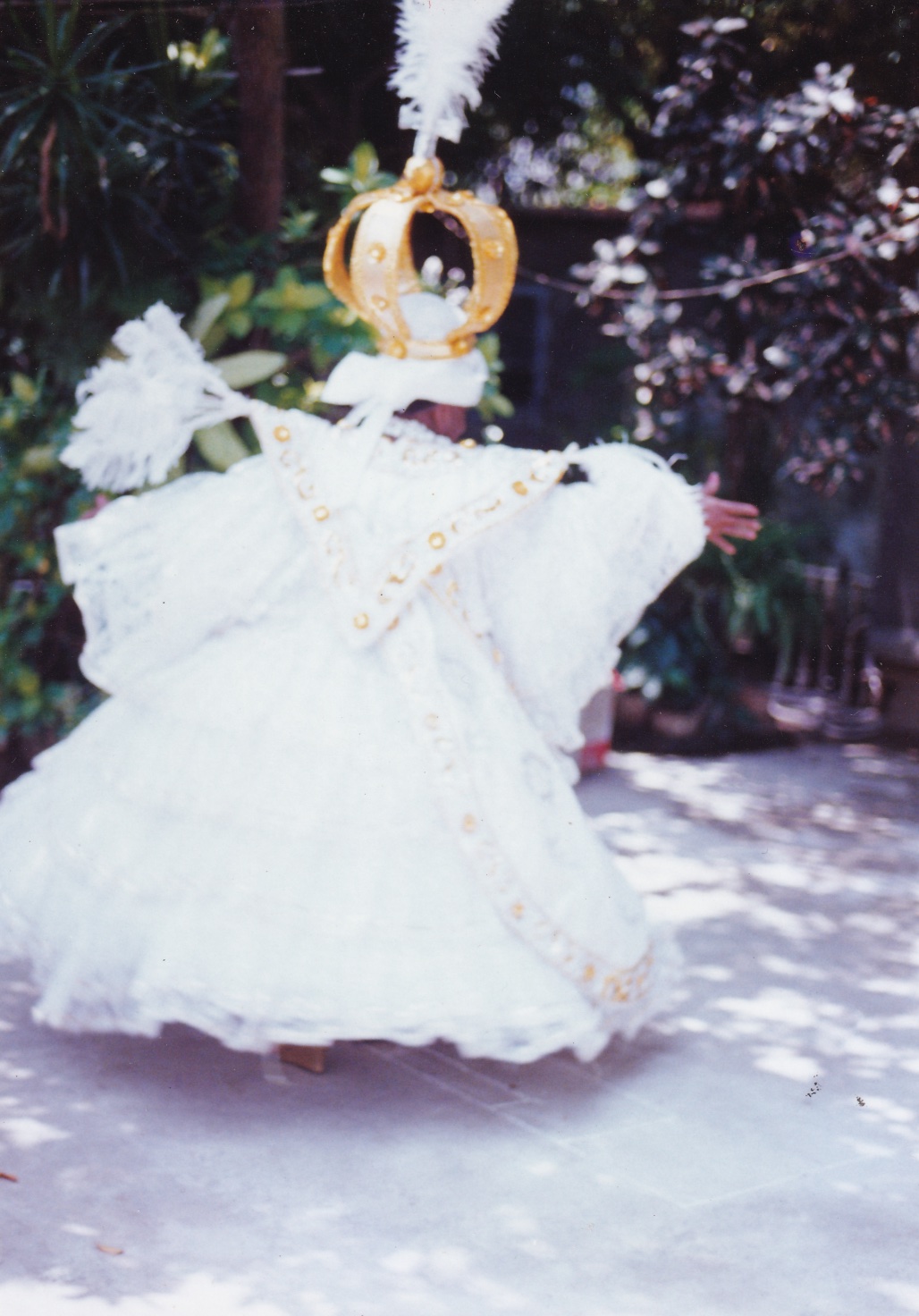 Em um quintal, Tia Maria, uma mulher negra, está de costas, com os braços bem abertos, com fantasia de baiana. A imagem está ofuscada, dando a sensação de que ela rodopiava. O vestido é branco, todo rendado, com símbolos dourados em ‘V’ às costas e em linhas que passam pela saia rodada. O tecido das mangas, longas, formam arcos, unindo-se à cintura. Acima dos ombros, há plumas brancas, na horizontal. Na cabeça, usa um turbante branco e acima dele uma enorme coroa dourada, com uma cruz prata e uma pluma branca no topo. Está com colares e pulseiras de bolas brancas.