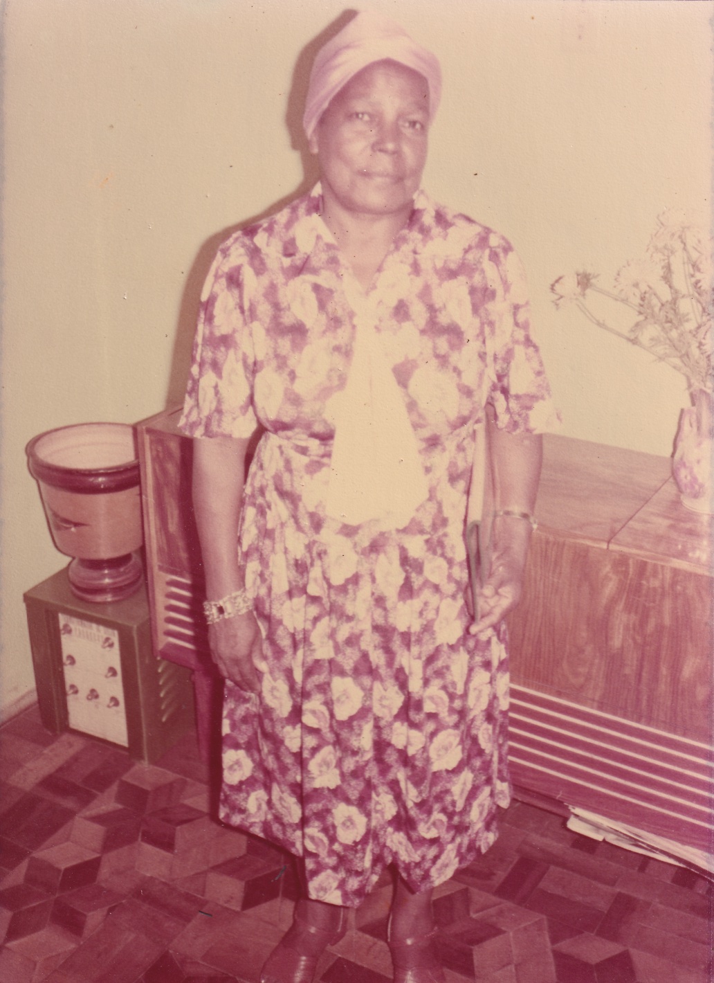 Na foto, Tia Maria, uma mulher negra, está em pé em uma sala, à frente de um armário de madeira, à meia altura, com um vaso com flores. Ela usa turbante rosa claro e vestido florido longo, de mangas curtas, tendo à frente um lenço branco amarrado, na vertical. Em um dos pulsos usa pulseira dourada com pedra vermelha. No outro, um relógio dourado. Segura uma pasta e olha para frente, com um leve sorriso nos lábios. Ao lado do armário, há um vaso acima de um aparelho eletrônico. O chão é em tacos de madeira, formando desenhos.