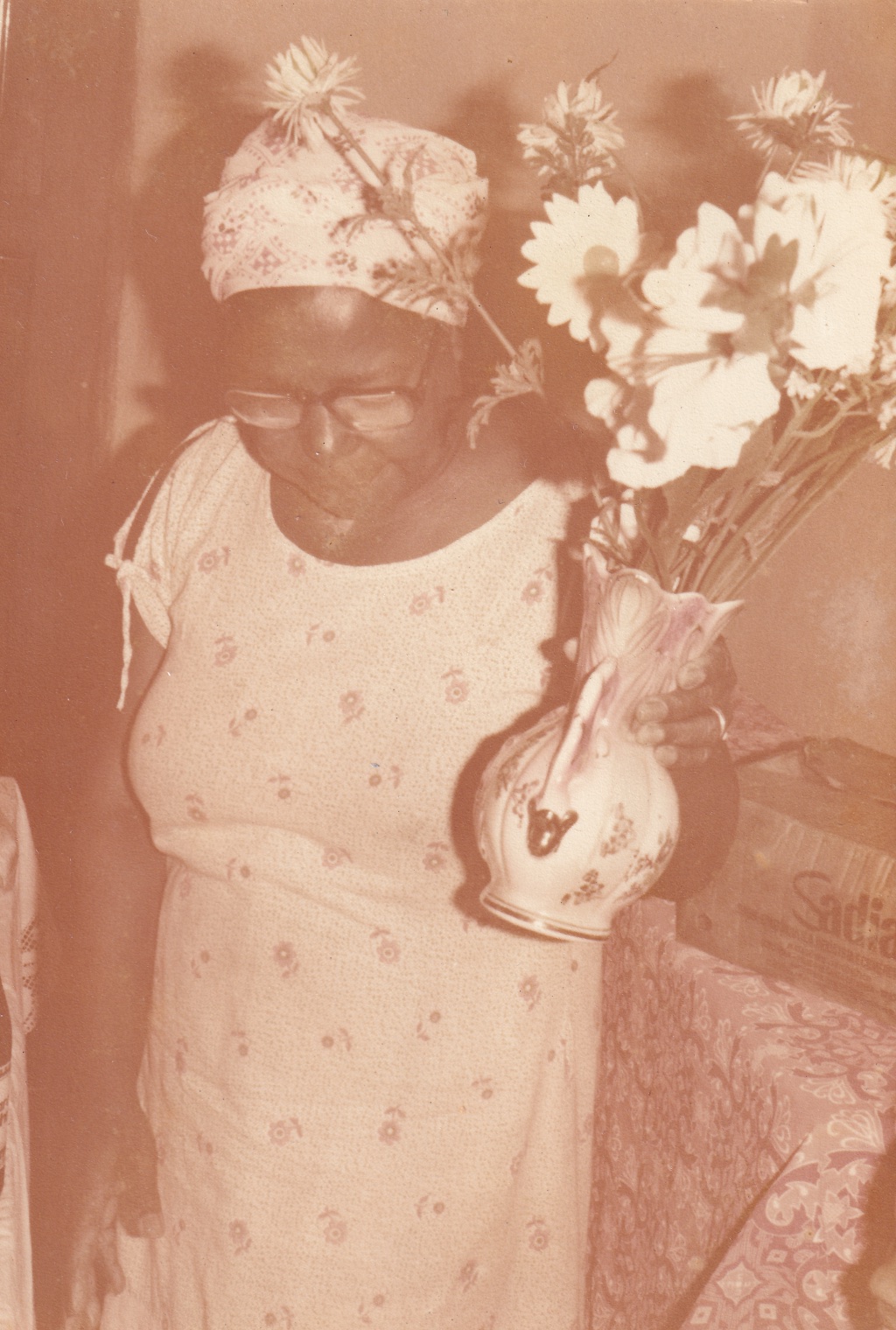 Na foto, descolorida pelo tempo, Tia Maria, uma senhora de pele negra, está em um ambiente segurando um vaso com flores em uma das mãos. Ela usa óculos de grau quadrados, turbante e vestido claros com pequenas estampas floridas. Está com a cabeça inclinada, com o rosto voltado para baixo. O vaso que segura tem o formato de um jarro, com uma alça. É branco, com algumas estampas e tons de rosa na parte de cima. As flores, com ramos longos, são brancas, com miolo amarelo. Tia Maria está ao lado de um balcão, coberto por uma toalha estampada em rosa, em cima do qual há uma caixa de papelão escrito “Sadia”.