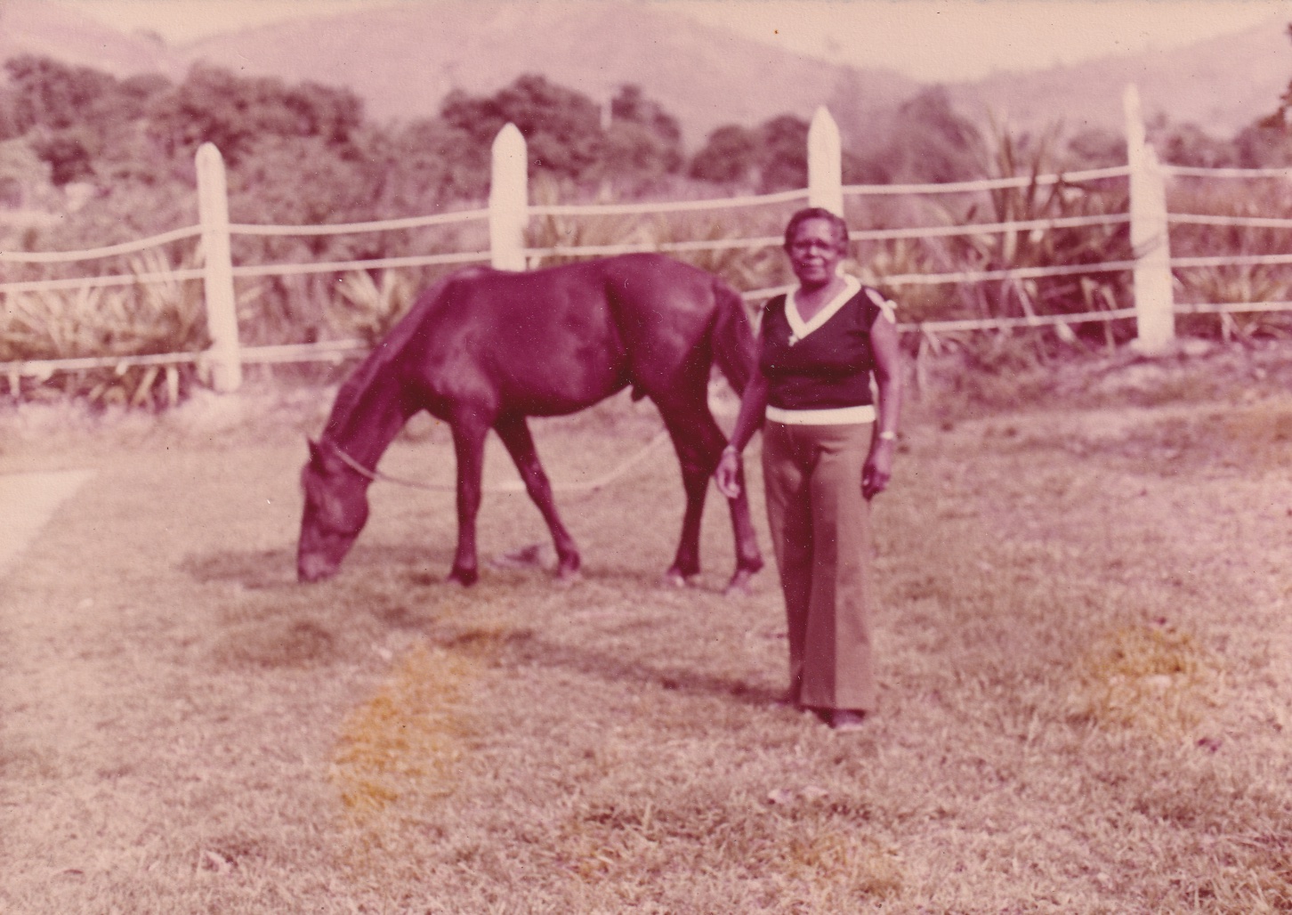 Em um pasto, à frente de uma cerca de arame com palanques brancos, Tia Maria está próxima a um cavalo. Ela é uma senhora de pele negra e de cabelos grisalhos curtos e cheios. Olha para frente. Usa blusa sem mangas, preta com detalhes em branco no decote em ‘V” e no barrado, e calça boca de sino marrom. O animal, visto de lado, é marrom. Está com a cabeça baixa, com uma corda amarrada ao pescoço e com a boca rente ao pasto. Ao fundo, avistam-se vegetação e morros.