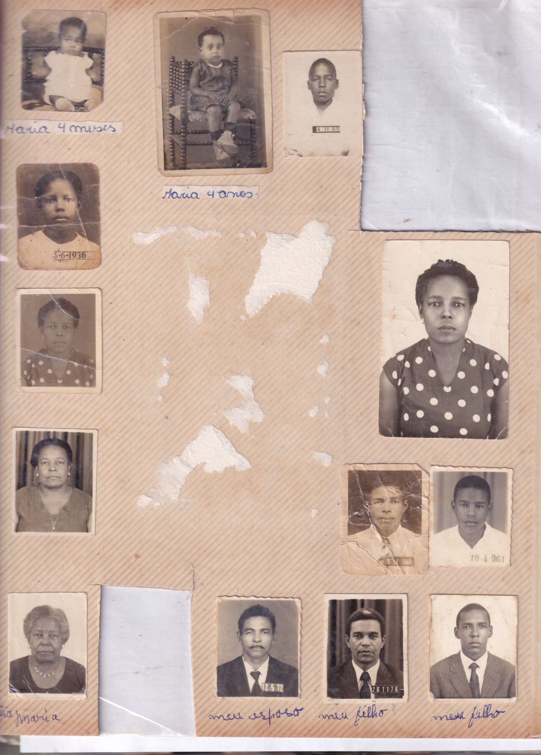 Uma colagem de treze fotografias retratos antigas de membros da fam&iacute;lia, algumas com legendas e datas escritas &agrave; m&atilde;o.